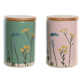 Boîte DKD Home Decor 11,5 x 11,5 x 17,5 cm Floral Rose Vert Bambou Grès  65,99 €