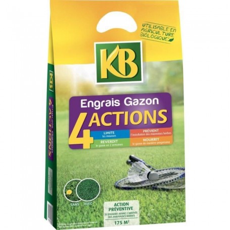 Engrais a Gazon KB K4MP - 4 Actions - 7 KG - Limite les mousses - Prévie