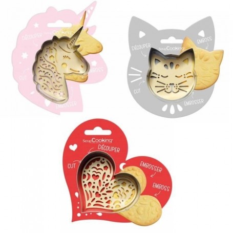 Kit pour biscuit en relief Chat + Licorne + Coeur