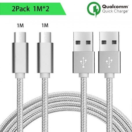 Lot de 2 Câbles Micro USB, 1M - Nylon Argenté