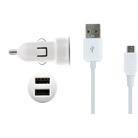 Mini chargeur allume-cigare blanc USB 2A avec câble micro USB