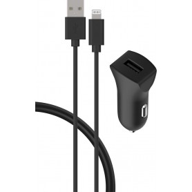 Chargeur voiture USB A 2.4A FastCharge + Câble USB A/Lightning Noir Bi