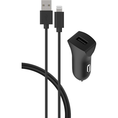 Chargeur voiture USB A 2.4A FastCharge + Câble USB A/Lightning Noir Bi