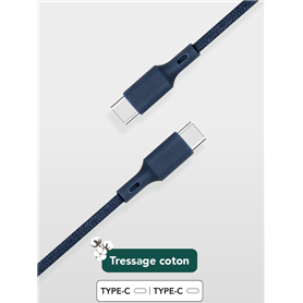 Câble Recyclable en coton USB C/USB C 2m 3A Bleu Just Green