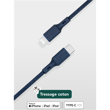 Câble Recyclable en coton USB C/Lightning 2m Bleu Just Green