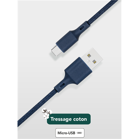 Câble Recyclable en coton USB A/micro USB 2m Bleu Just Green