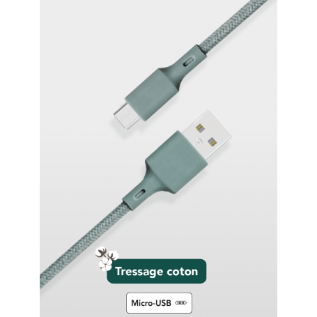 Câble Recyclable en coton USB A/micro USB 2m Night Green Just Green
