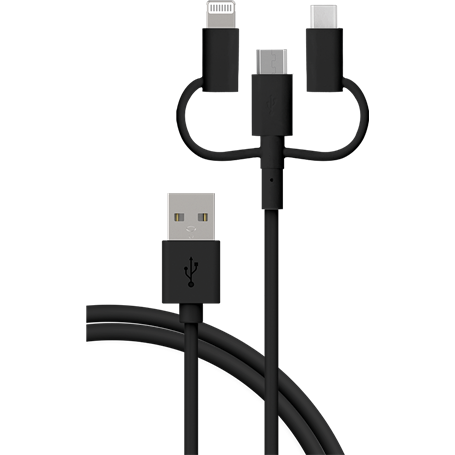 Câble 3 en 1 USB A/micro USB & USB C & Lightning 1,2m Noir Bigben
