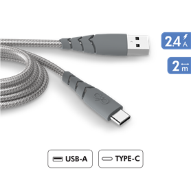 Câble Ultra-renforcé USB A/USB C 2m 3A Gris - Garanti à vie - 100% Pla