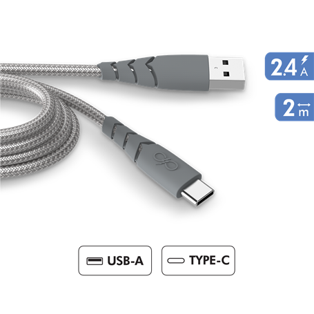 Câble Ultra-renforcé USB A/USB C 2m 3A Gris - Garanti à vie - 100% Pla