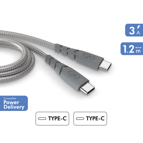 Câble Ultra-renforcé USB C/USB C 1,2m 3A Gris - Garanti à vie - 100% P