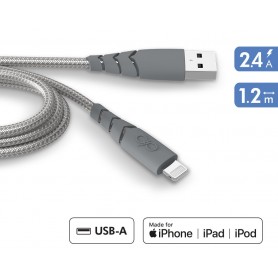 Câble Ultra-renforcé USB A/Lightning 1,2m 2.4A Gris - Garanti à vie - 