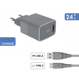 Chargeur maison 3A FastCharge Garanti à vie + Câble USB A/USB C Gris -