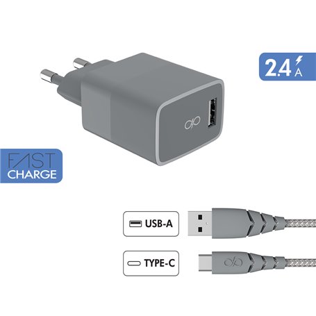 Chargeur maison 3A FastCharge Garanti à vie + Câble USB A/USB C Gris -