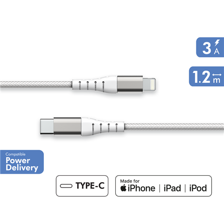 Câble Renforcé USB C/Lightning 1,2m 3A Blanc - Garanti à vie - 100% Pl