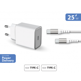 Chargeur maison 25W Power Delivery + Câble Renforcé USB C/USB C Blanc 