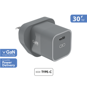 Chargeur maison USB C 30W Power Delivery GaN Gris - Prise UK - Garanti