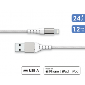 Câble Renforcé USB A/Lightning 1,2m 2.4A Blanc - Garanti à vie - 100% 