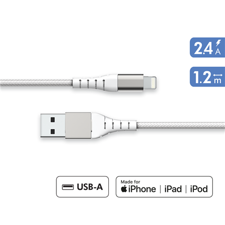 Câble Renforcé USB A/Lightning 1,2m 2.4A Blanc - Garanti à vie - 100% 