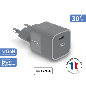Chargeur maison USB C 30W Power Delivery GaN Gris - Fabriqué en France