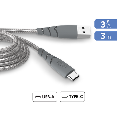 Câble Ultra-renforcé USB A/USB C 3m 3A Gris - Garanti à vie - 100% Pla
