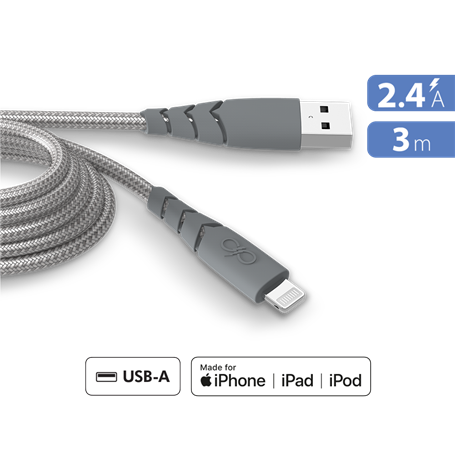 Câble Ultra-renforcé USB A/Lightning 3m 2.4A Gris - Garanti à vie - 10