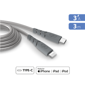 Câble Ultra-renforcé USB C/Lightning 3m 3A Gris - Garanti à vie - 100%