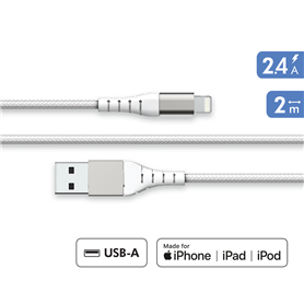 Câble Renforcé USB A/Lightning 2m 2.4A Blanc - Garanti à vie - 100% Pl