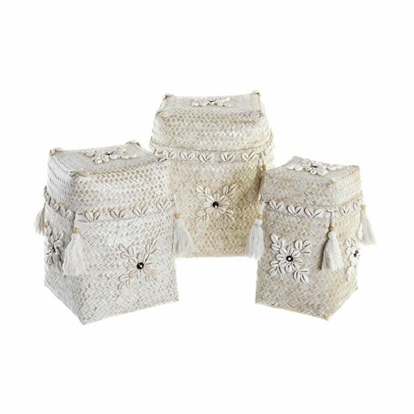 Set de basket DKD Home Decor Blanc Bambou Coquillages (24 x 24 x 30 cm