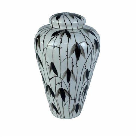 Potiche DKD Home Decor Porcelaine Noir Blanc Oriental Feuille d'une pl