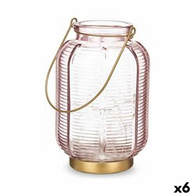 Lanterne à LED Rayures Rose Doré verre 13,5 x 22 x 13,5 cm (6 Unités)