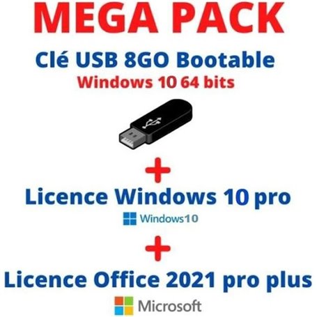 PACK WINDOWS 10 SUR CLE USB BOOTABLE + LICENCE WINDOWS 10 PRO + LICENC