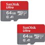 2PCS Carte Mémoire micro SDXC SanDisk Ultra 64Go Adaptateur SD Vitesse