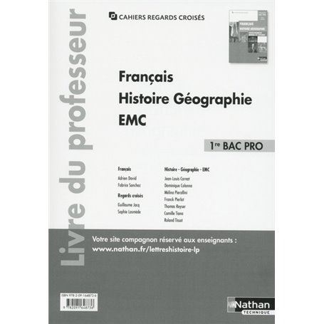 Français Histoire-géographie EMC - 1ère Bac pro (Cahiers regards croisés) Professeur - 2017