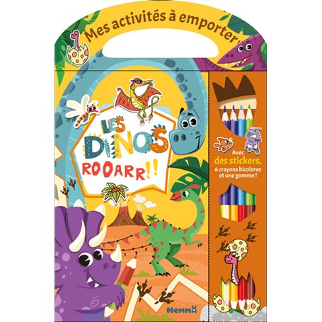 Mes activités à emporter - Les dinos - Avec des stickers, 6 crayons bicolores et une gomme !