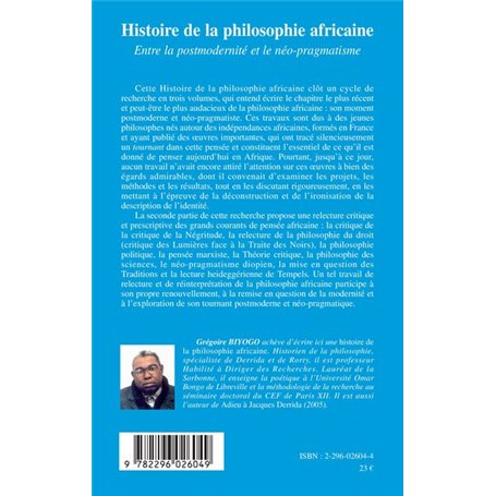 HISTOIRE DE LA PHILOSOPHIE (LIVRE IV) AFRICAINE ENTRE LA POS