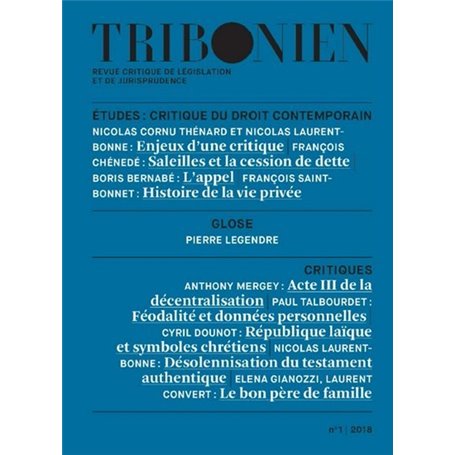 Tribonien. Revue critique de législation et de jurisprudence - 1-2018