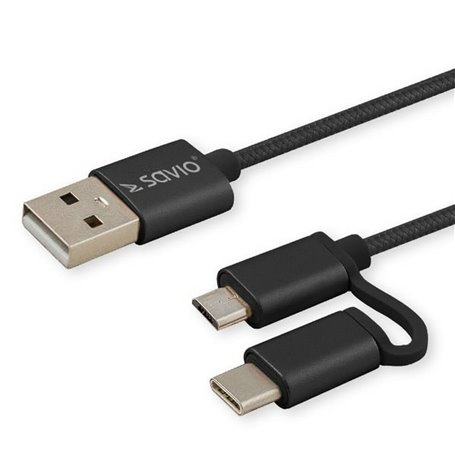 Câble USB vers Micro USB et USB C Savio CL-128 Noir 1 m