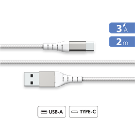 Câble Renforcé USB A/USB C 2m 3A Blanc - Garanti à vie - 100% Plastiqu