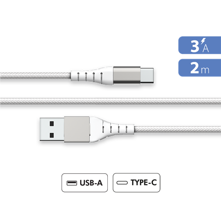 Câble Renforcé USB A/USB C 2m 3A Blanc - Garanti à vie - 100% Plastiqu