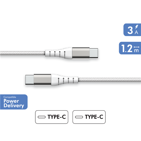 Câble Renforcé USB C/USB C 1,2m 3A Blanc - Garanti à vie - 100% Plasti