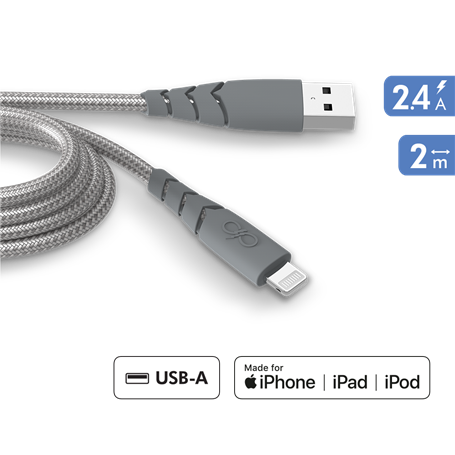 Câble Ultra-renforcé USB A/Lightning 2m 2.4A Gris - Garanti à vie - 10