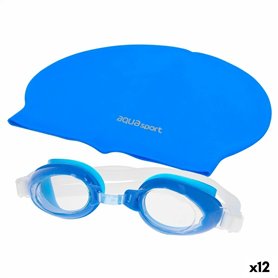 Bonnet et lunettes de bain AquaSport Bleu Enfant Plastique (12 Unités)