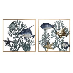 Décoration murale Home ESPRIT Bleu Doré méditerranéen Poissons 50 x 4 x 50 cm (2 Unités)