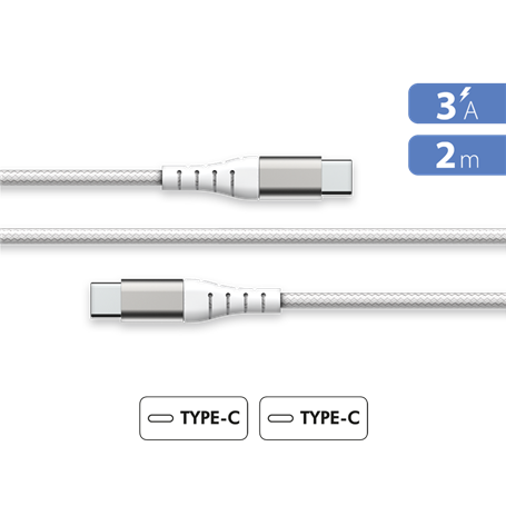 Câble Renforcé USB C/USB C 2m 3A Blanc - Garanti à vie - 100% Plastique recyclé Force Power Lite