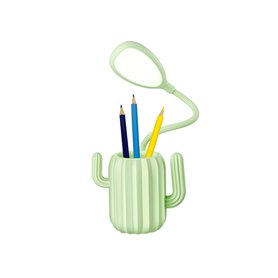 Pot à crayons avec éclairage LED ajustable - Modèle Cactus - Vert d'eau