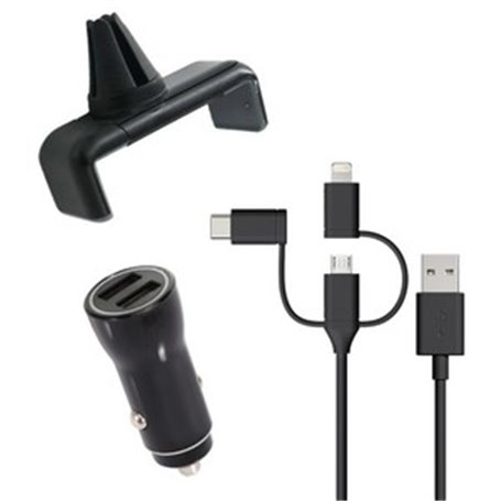 PACK 3EN1 CHARGEUR VOITURE 2 USB-A + CABLE 3EN1 + SUPPORT GRILLE