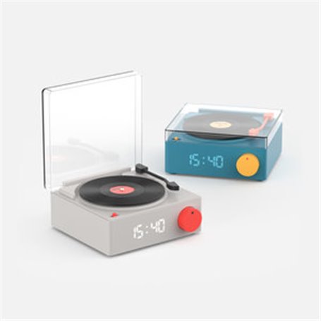 ENCEINTE BLUETOOTH RETRO LOOK PLATINE VINYLE REVEIL SMART GRIS