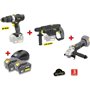 X-FIT PACK « GROS oeUVRE » 3 machines 18V + 2 batteries 18V 3.0Ah : Perceuse percu/visseuse + Marteau Perfo + Meuleuse d'angle