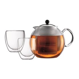 Théiere a piston - BODUM - ASSAM SET - 1.5 l avec filtre plastique + 2 verres PAVINA double paroi 0.25 l